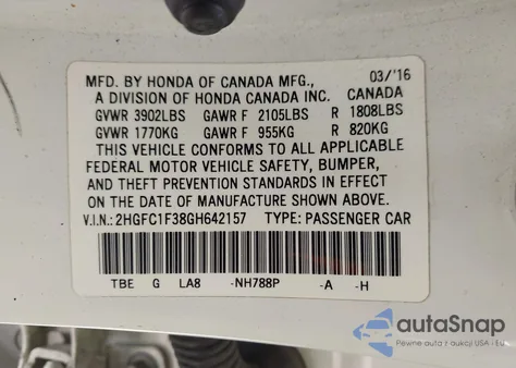 2016 Honda Civic Ex-T из США, поврежденный, VIN 2HGFC1F38GH642157